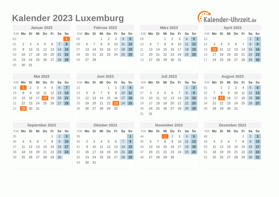 Kalender 2023 Luxemburg mit Feiertagen zum Ausdrucken Kalender 2023 Luxemburg mit Feiertagen