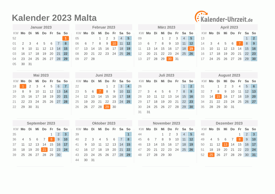 Kalender 2023 Malta mit Feiertagen zum Ausdrucken Kalender 2023 Malta mit Feiertagen