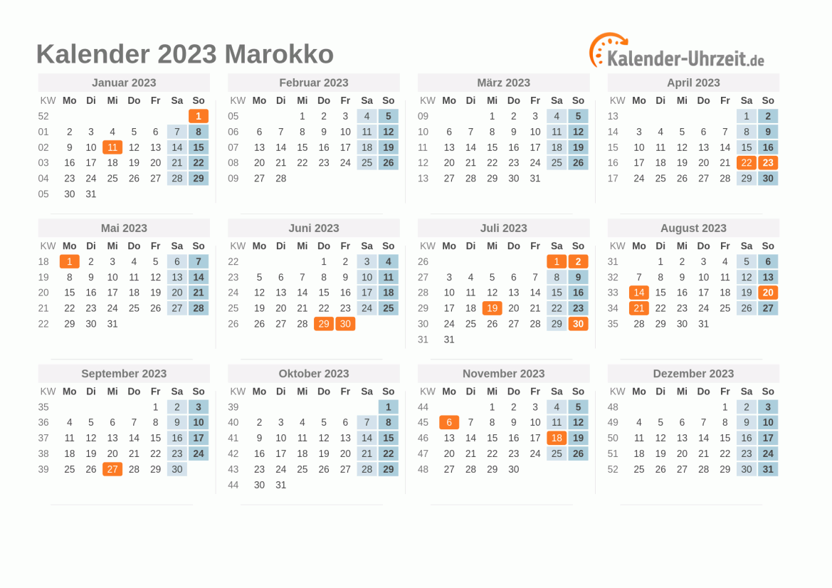 Kalender 2023 Marokko mit Feiertagen