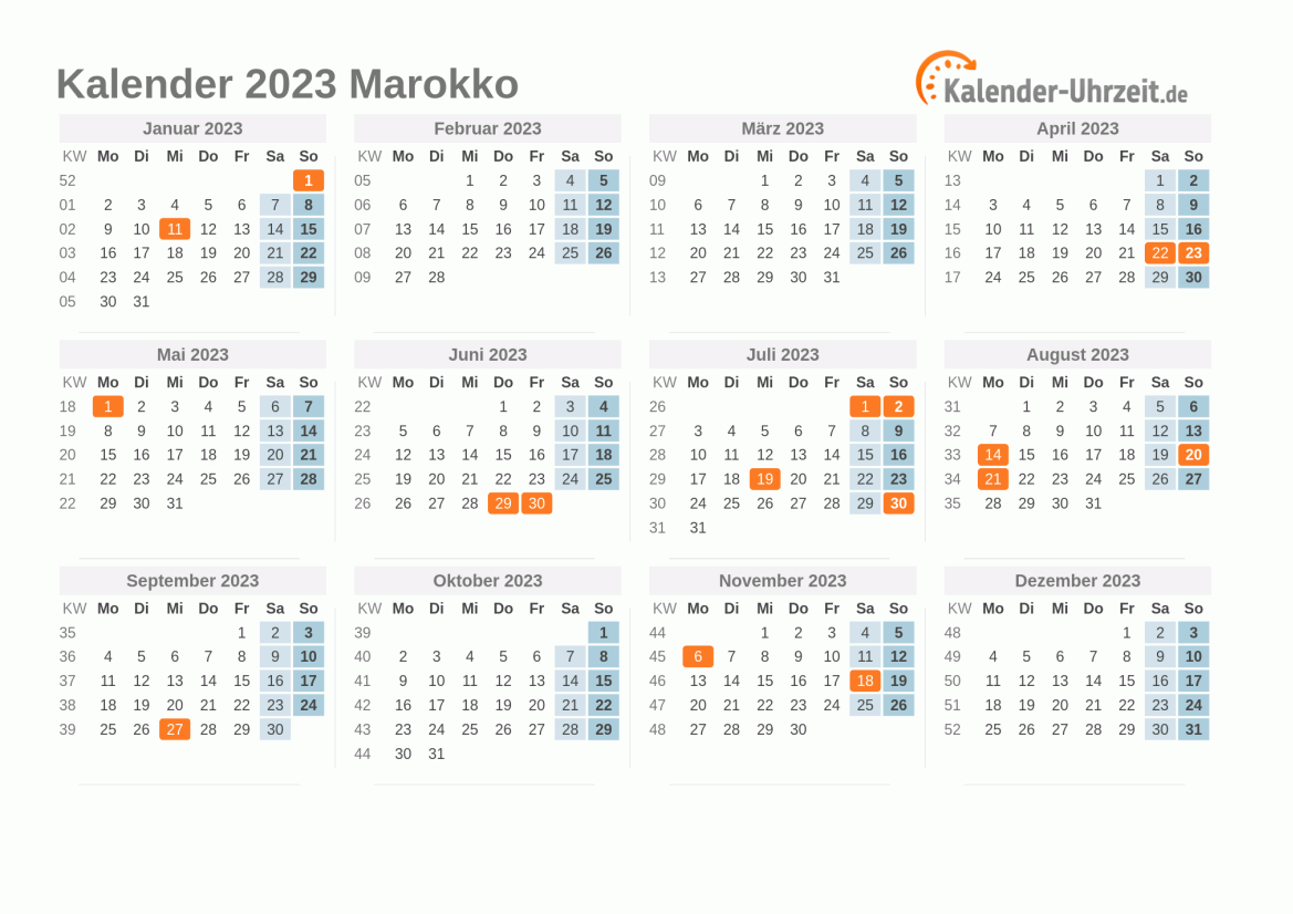 Kalender 2023 Marokko mit Feiertagen zum Ausdrucken Kalender 2023 Marokko mit Feiertagen