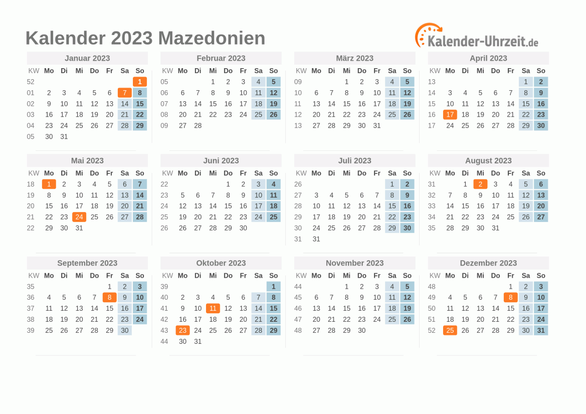Kalender 2023 Mazedonien mit Feiertagen zum Ausdrucken Kalender 2023 Mazedonien mit Feiertagen