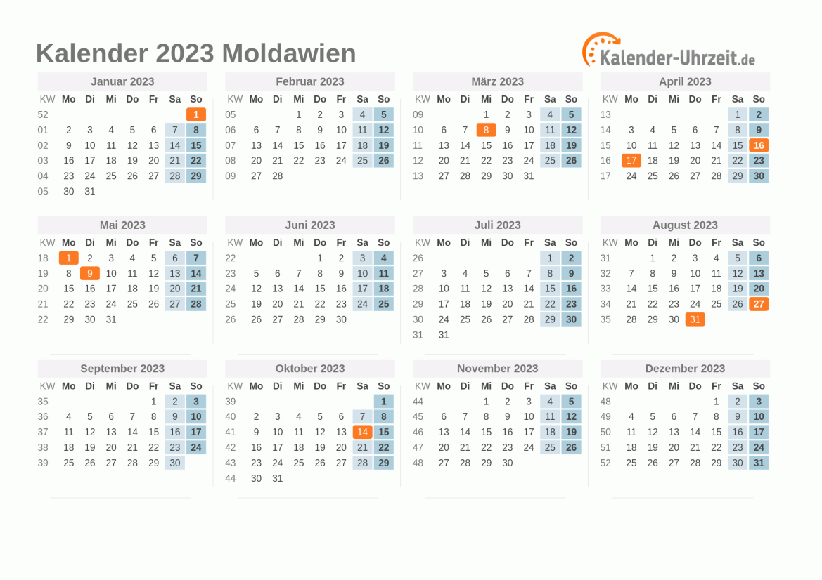 Kalender 2023 Moldawien mit Feiertagen zum Ausdrucken Kalender 2023 Moldawien mit Feiertagen
