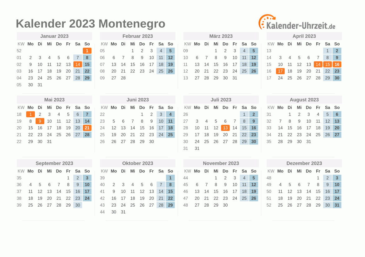 Kalender 2023 Montenegro mit Feiertagen