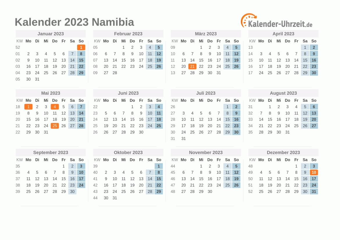 Kalender 2023 Namibia mit Feiertagen