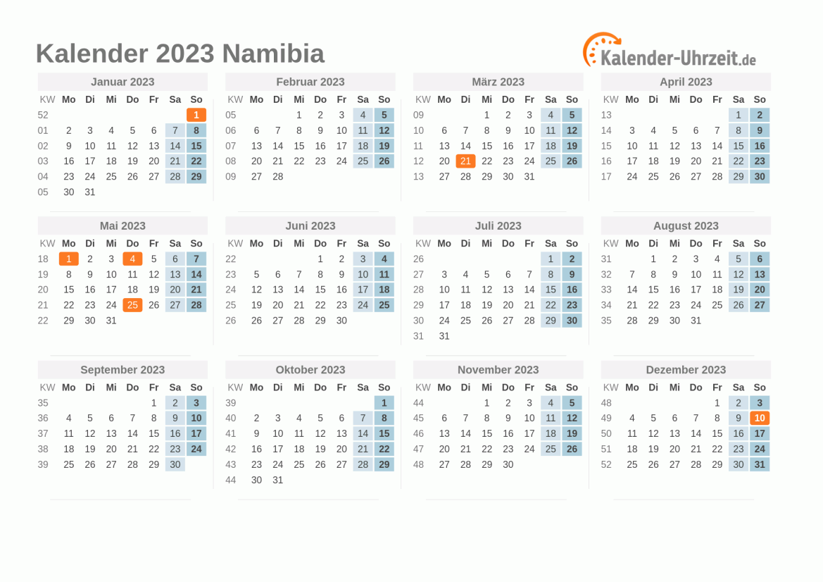 Kalender 2023 Namibia mit Feiertagen zum Ausdrucken Kalender 2023 Namibia mit Feiertagen