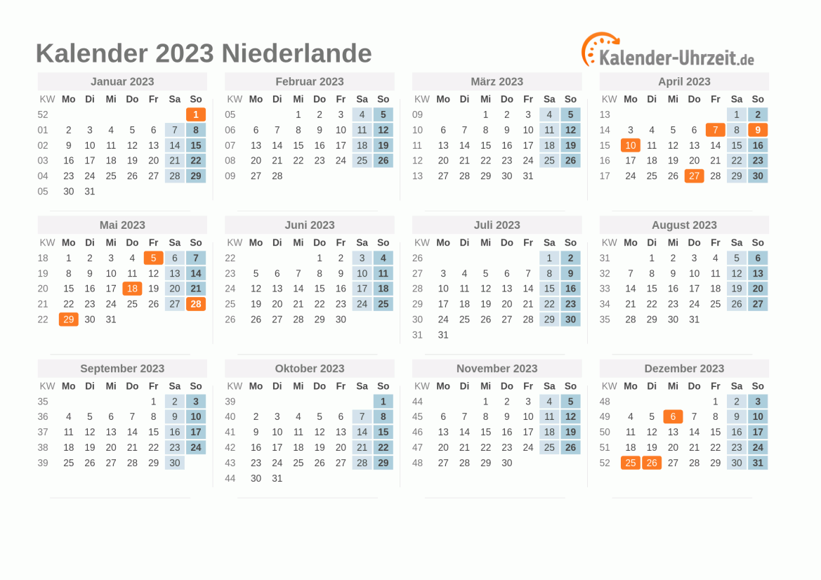 Kalender 2023 Niederlande mit Feiertagen zum Ausdrucken Kalender 2023 Niederlande mit Feiertagen
