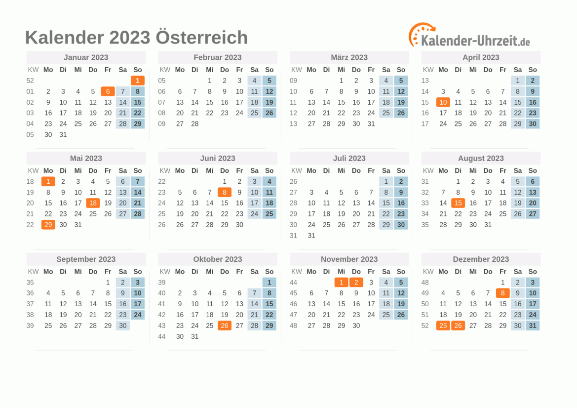 Kalender 2023 Österreich mit Feiertagen