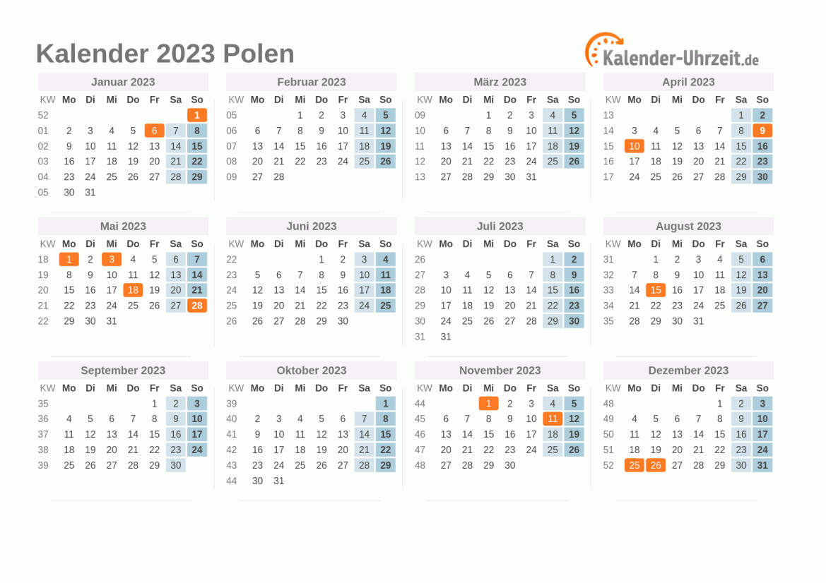 Kalender 2023 Polen mit Feiertagen
