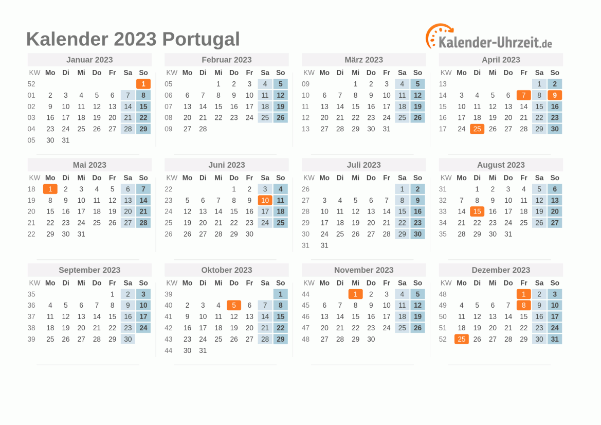 Kalender 2023 Portugal mit Feiertagen zum Ausdrucken Kalender 2023 Portugal mit Feiertagen