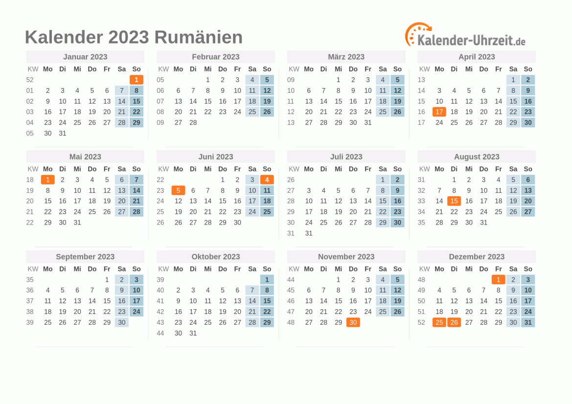 Kalender 2023 Rumänien mit Feiertagen zum Ausdrucken Kalender 2023 Rumänien mit Feiertagen
