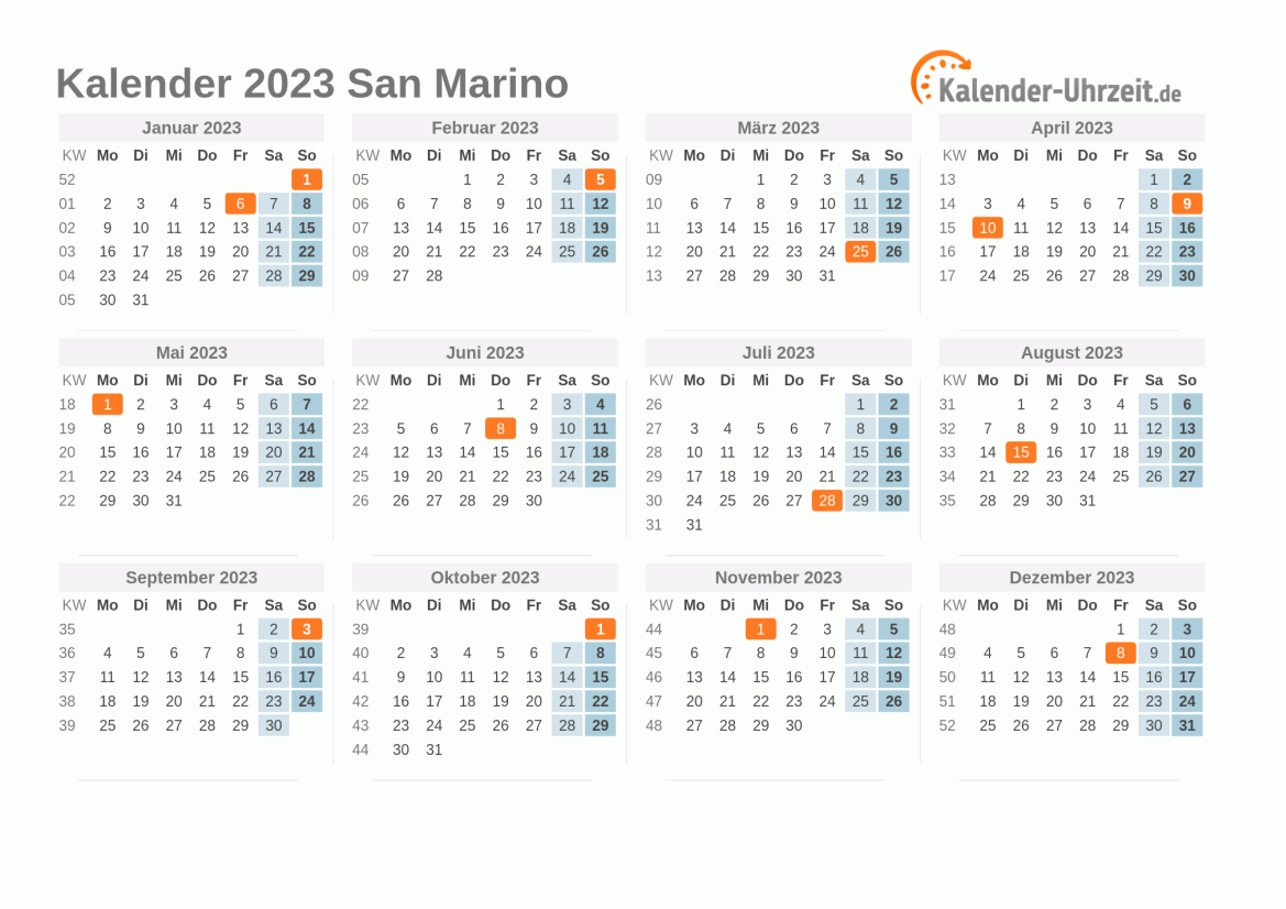 Kalender 2023 San Marino mit Feiertagen