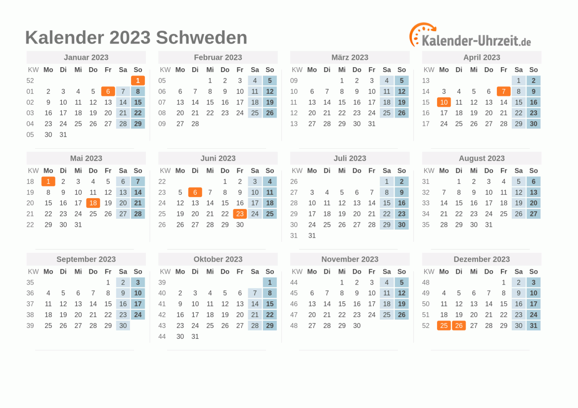 Kalender 2023 Schweden mit Feiertagen
