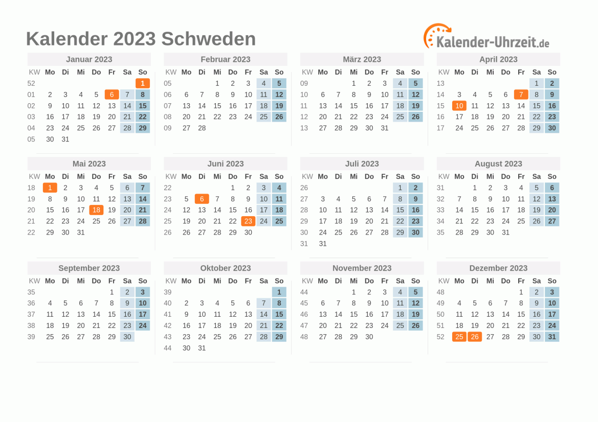 Kalender 2023 Schweden mit Feiertagen zum Ausdrucken Kalender 2023 Schweden mit Feiertagen