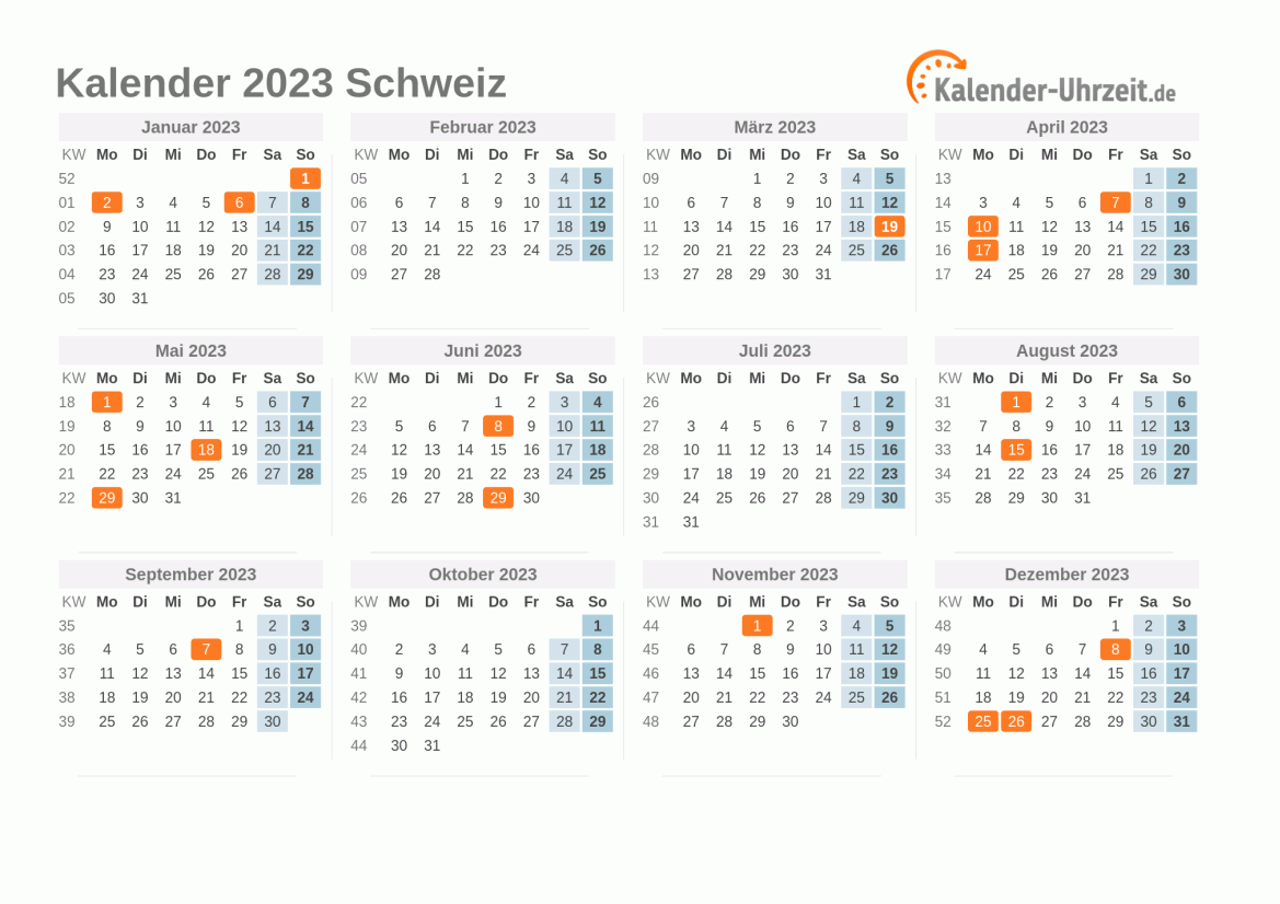 Kalender 2023 Schweiz mit Feiertagen