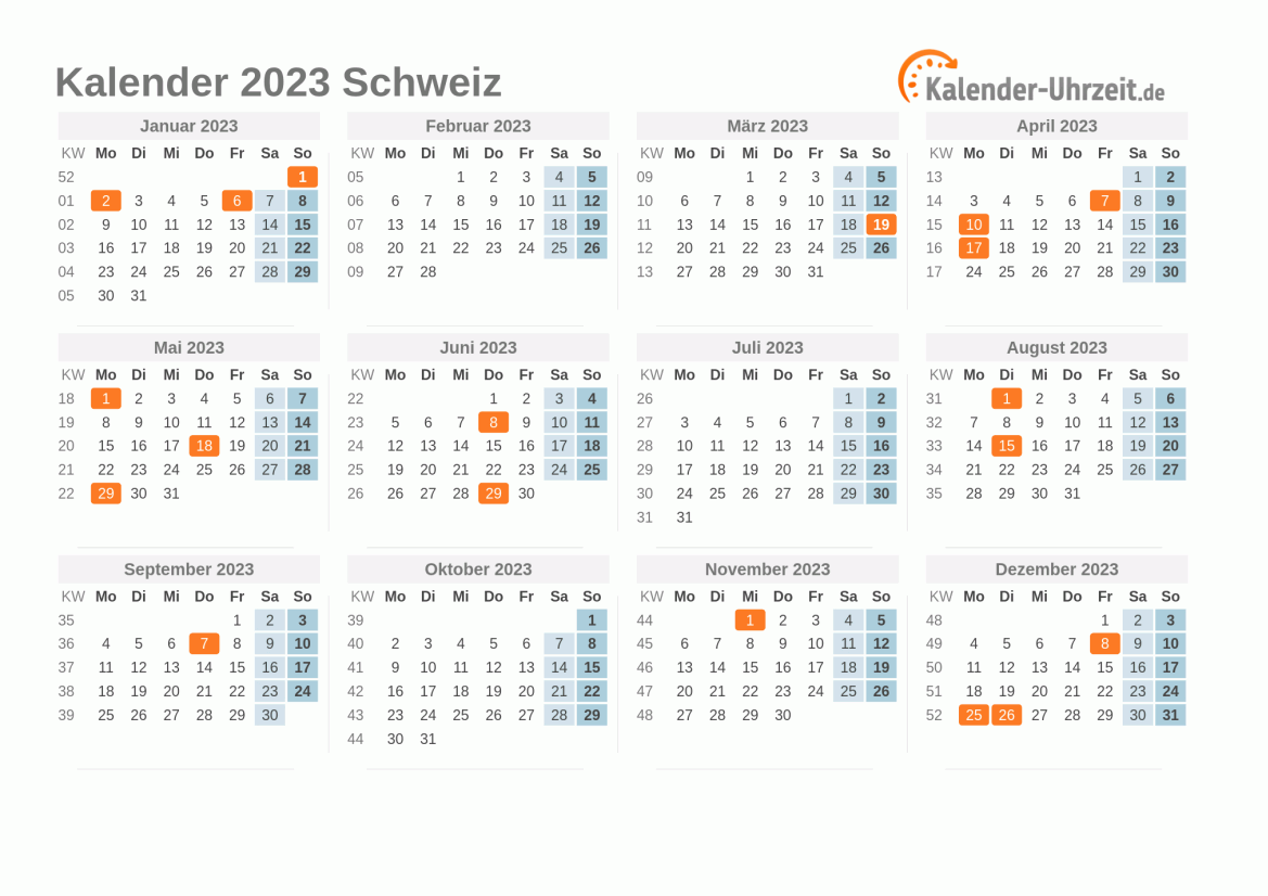 Kalender 2023 Schweiz mit Feiertagen zum Ausdrucken Kalender 2023 Schweiz mit Feiertagen