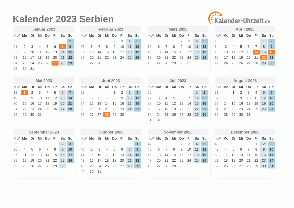Kalender 2023 Serbien mit Feiertagen