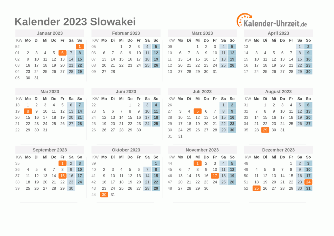 Kalender 2023 Slowakei mit Feiertagen