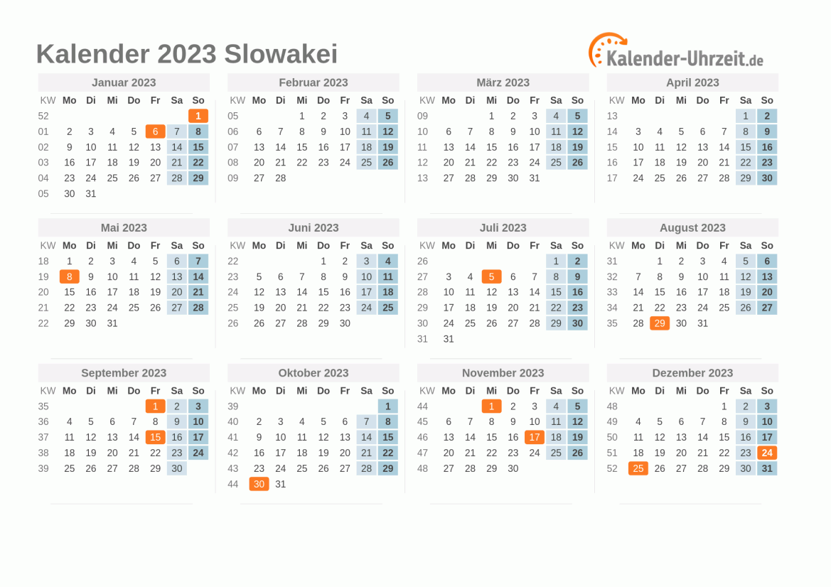 Kalender 2023 Slowakei mit Feiertagen zum Ausdrucken Kalender 2023 Slowakei mit Feiertagen