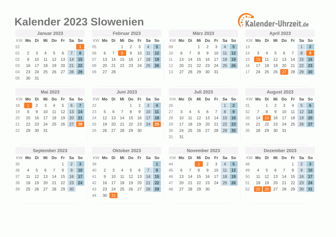 Kalender 2023 Slowenien mit Feiertagen zum Ausdrucken Kalender 2023 Slowenien mit Feiertagen