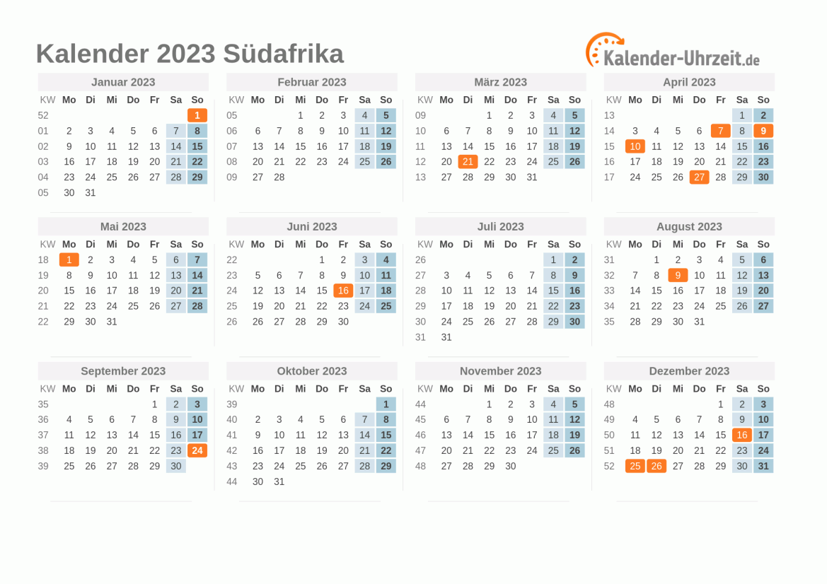 Kalender 2023 Südafrika mit Feiertagen zum Ausdrucken Kalender 2023 Südafrika mit Feiertagen