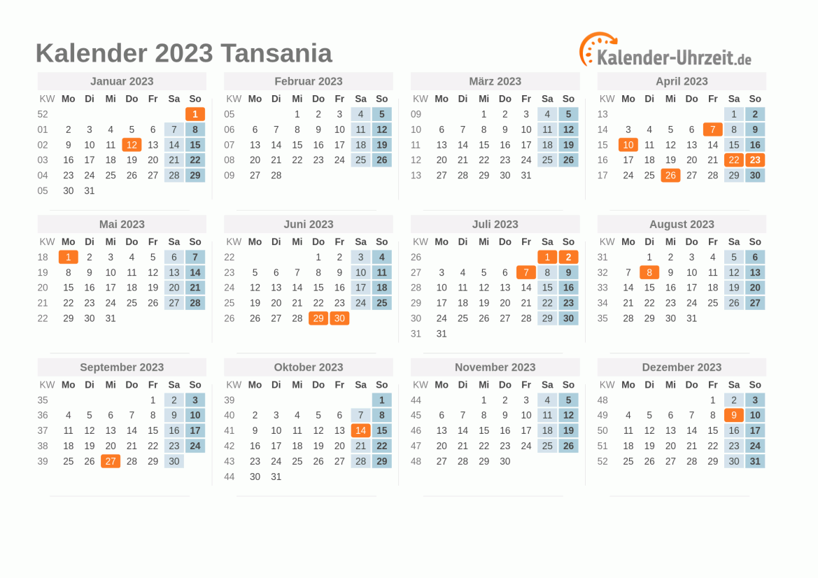 Kalender 2023 Tansania mit Feiertagen zum Ausdrucken Kalender 2023 Tansania mit Feiertagen