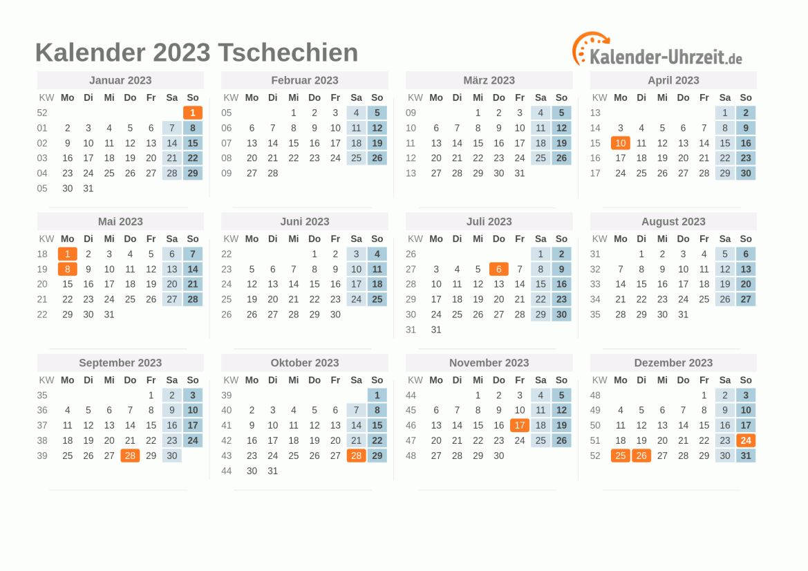 Kalender 2023 Tschechien mit Feiertagen zum Ausdrucken Kalender 2023 Tschechien mit Feiertagen