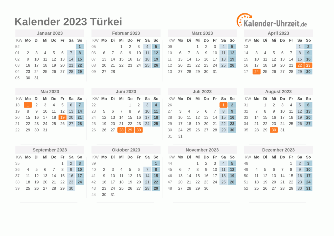Kalender 2023 Türkei mit Feiertagen