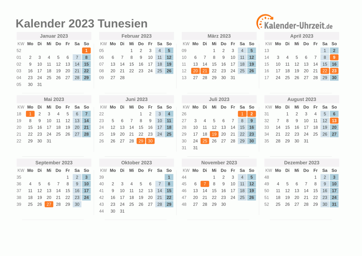 Kalender 2023 Tunesien mit Feiertagen