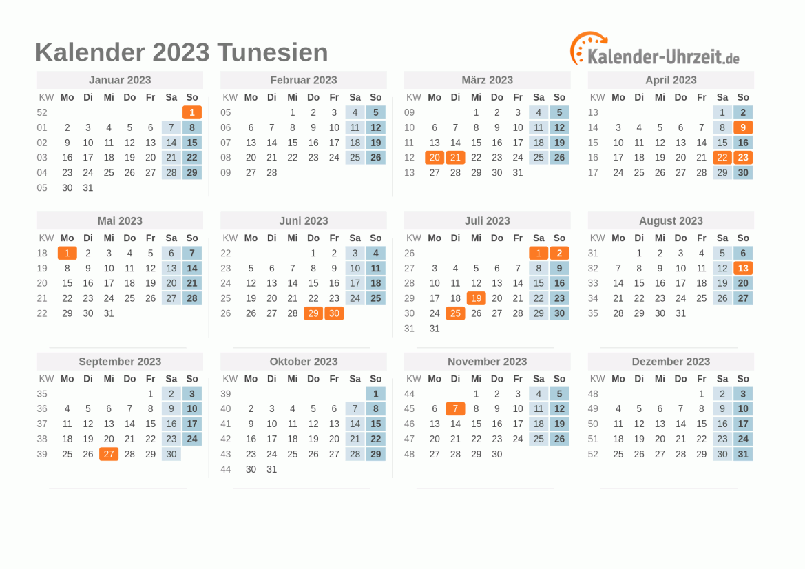 Kalender 2023 Tunesien mit Feiertagen zum Ausdrucken Kalender 2023 Tunesien mit Feiertagen