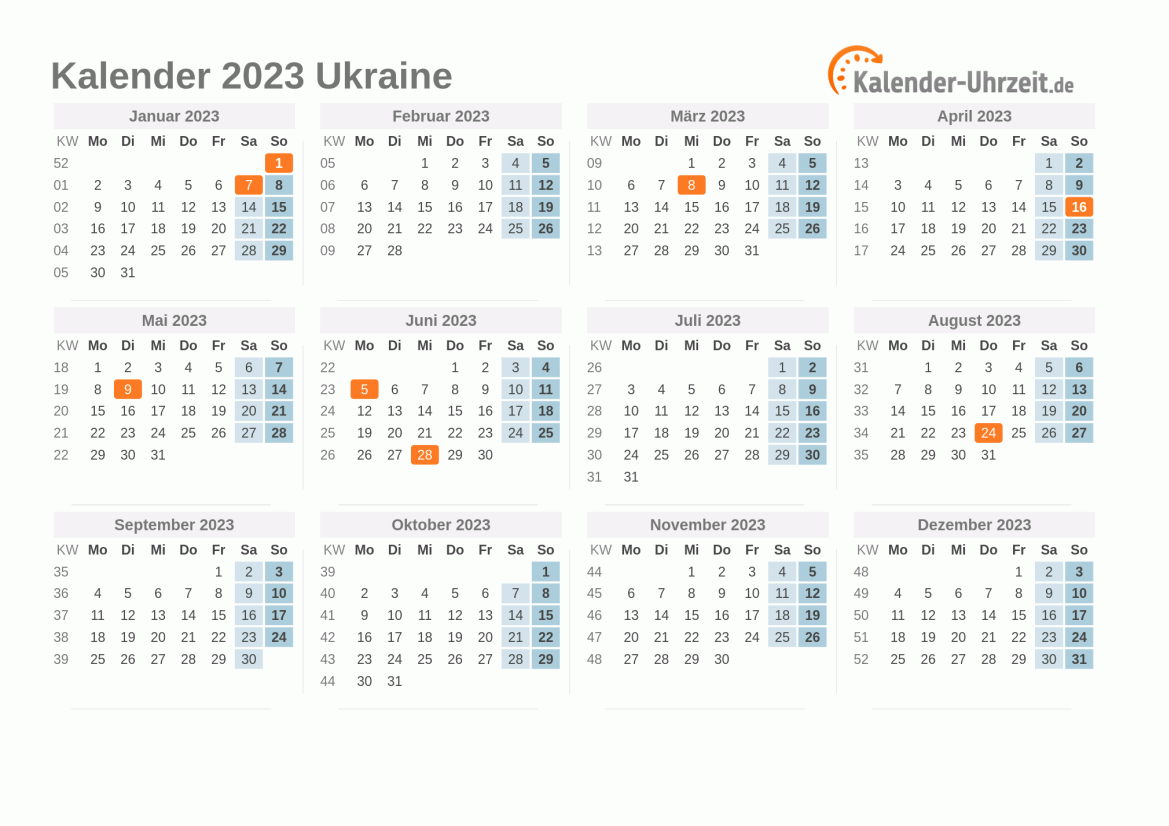 Kalender 2023 Ukraine mit Feiertagen zum Ausdrucken Kalender 2023 Ukraine mit Feiertagen