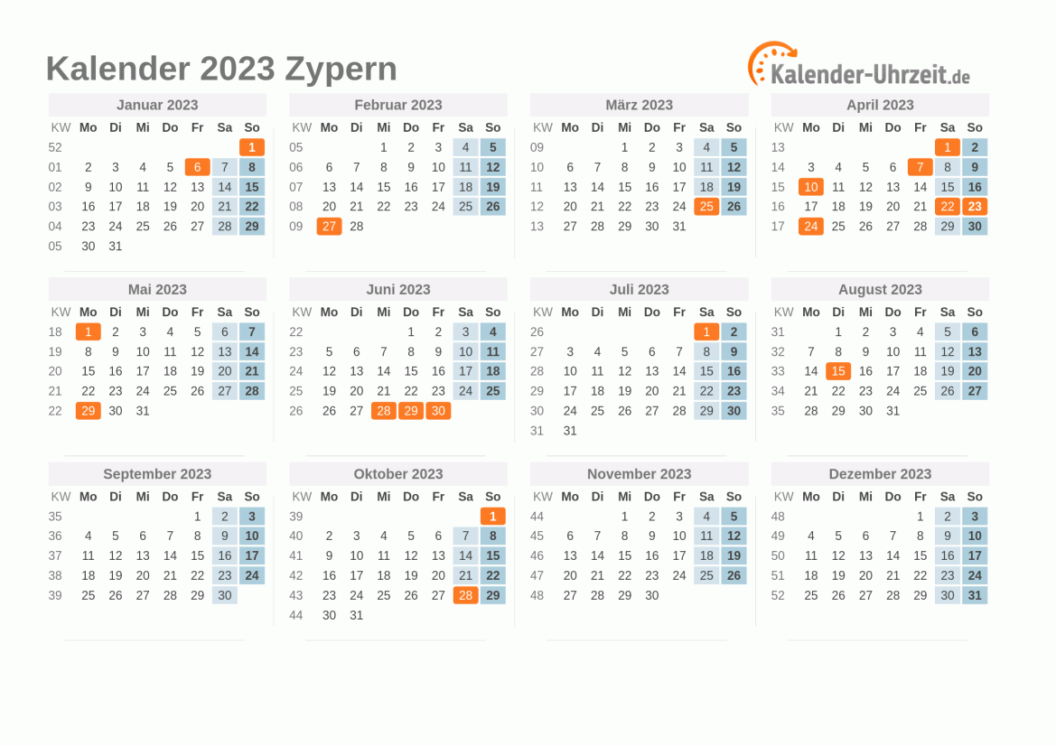 Kalender 2023 Zypern mit Feiertagen