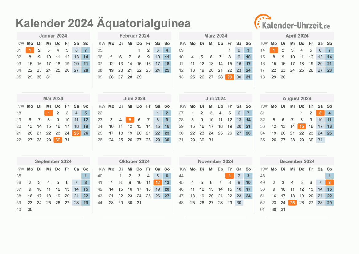 Kalender 2024 Äquatorialguinea mit Feiertagen