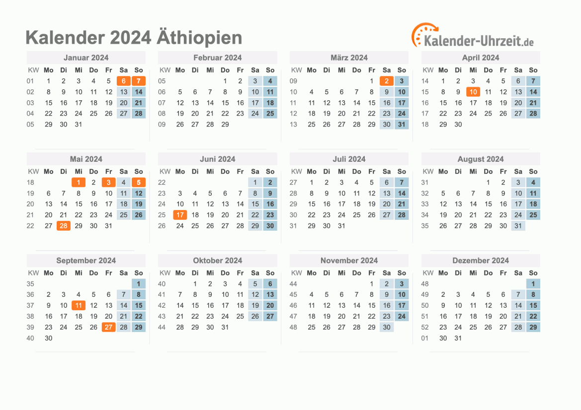 Kalender 2024 Äthiopien mit Feiertagen