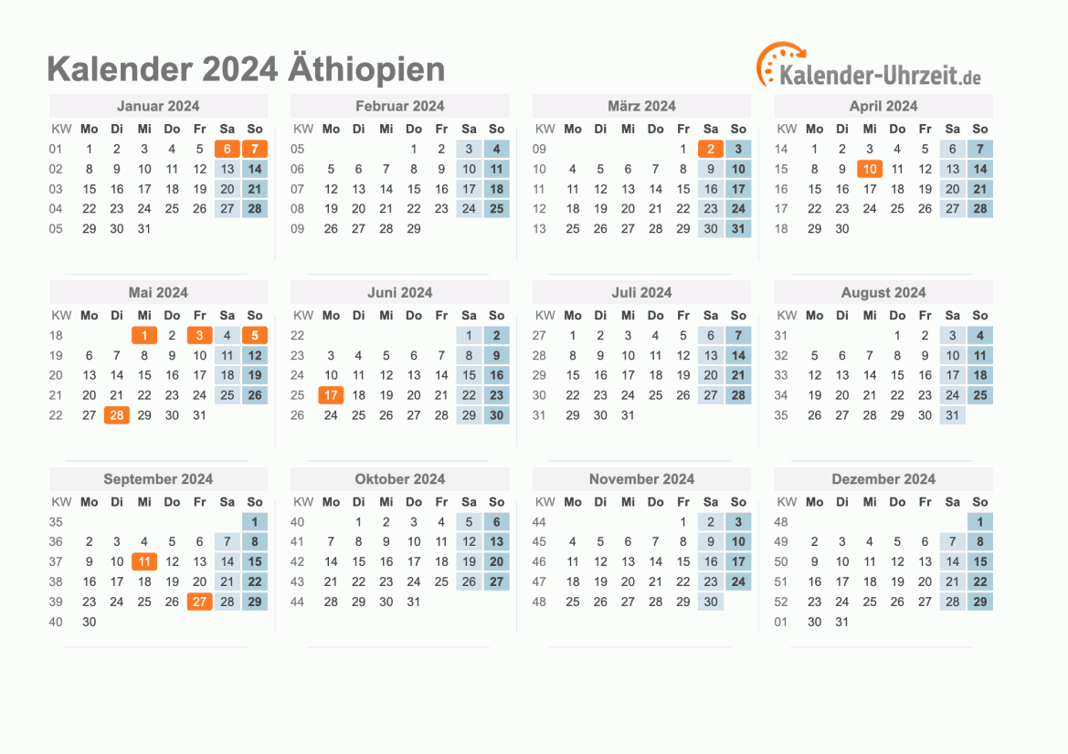Kalender 2024 Äthiopien mit Feiertagen zum Ausdrucken Kalender 2024 Äthiopien mit Feiertagen