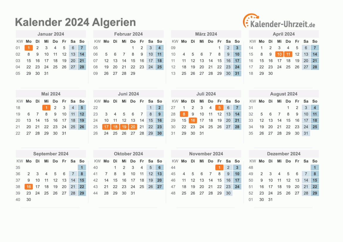 Kalender 2024 Algerien mit Feiertagen