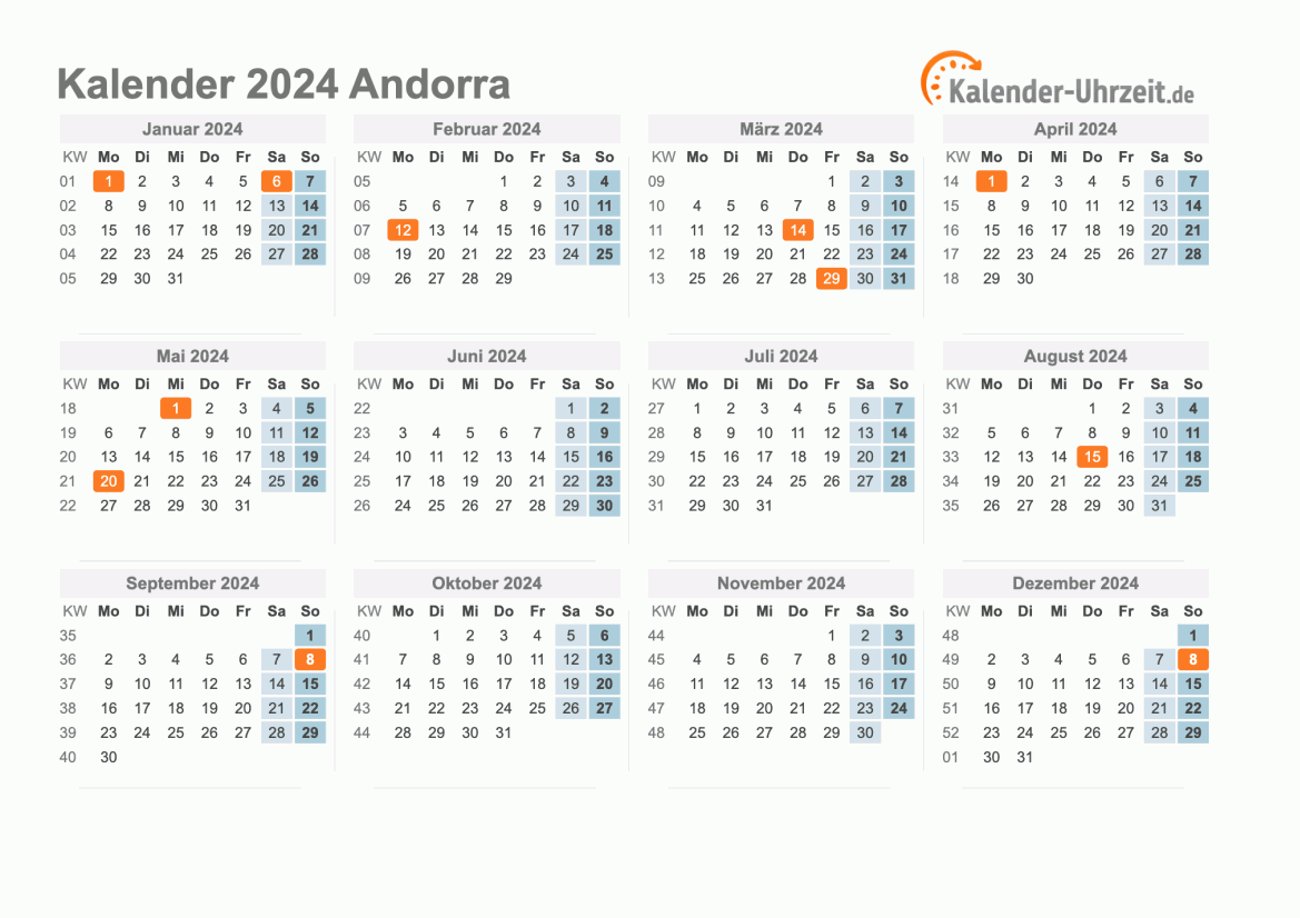 Kalender 2024 Andorra mit Feiertagen