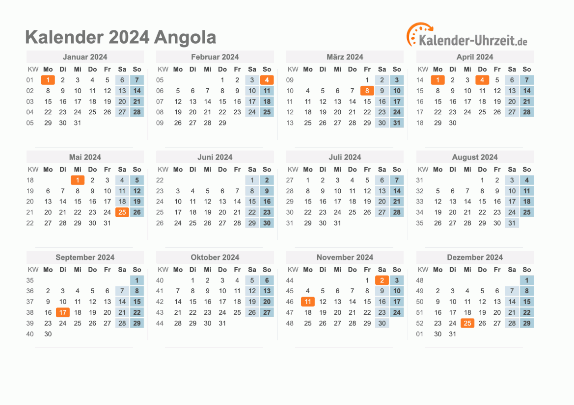Kalender 2024 Angola mit Feiertagen