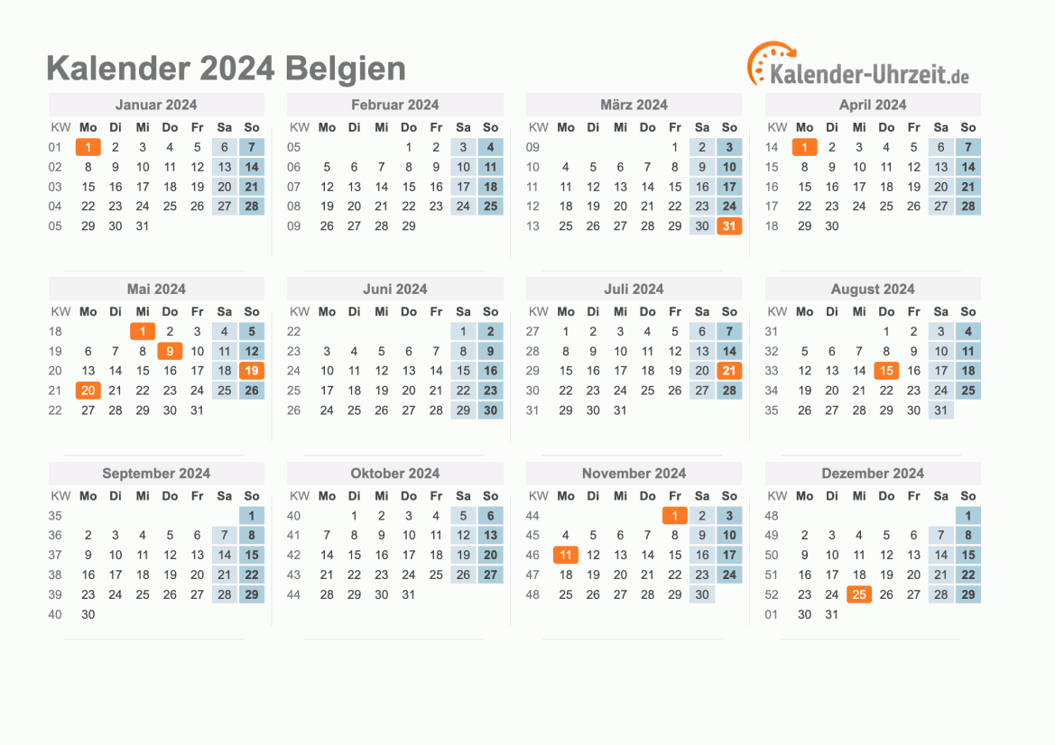 Kalender 2024 Belgien mit Feiertagen