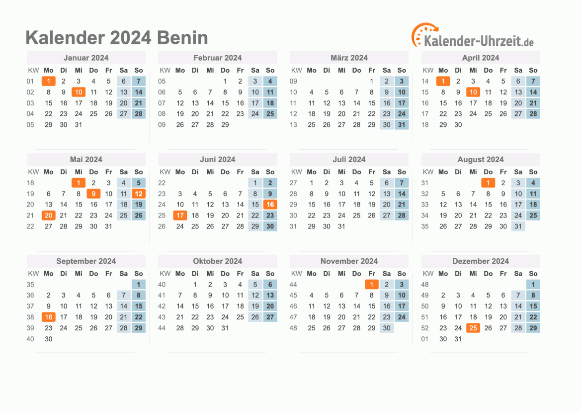 Kalender 2024 Benin mit Feiertagen