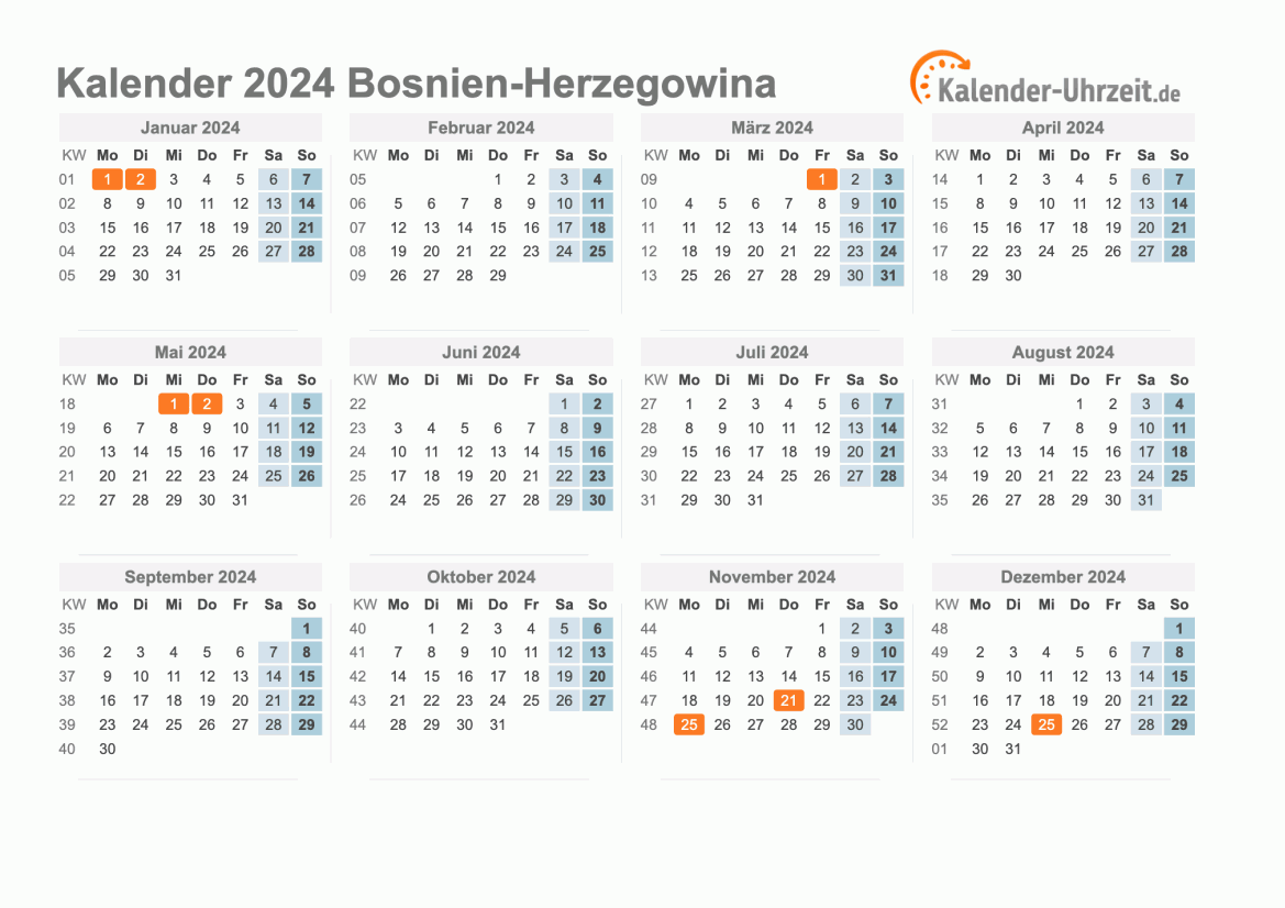 Kalender 2024 Bosnien-Herzegowina mit Feiertagen