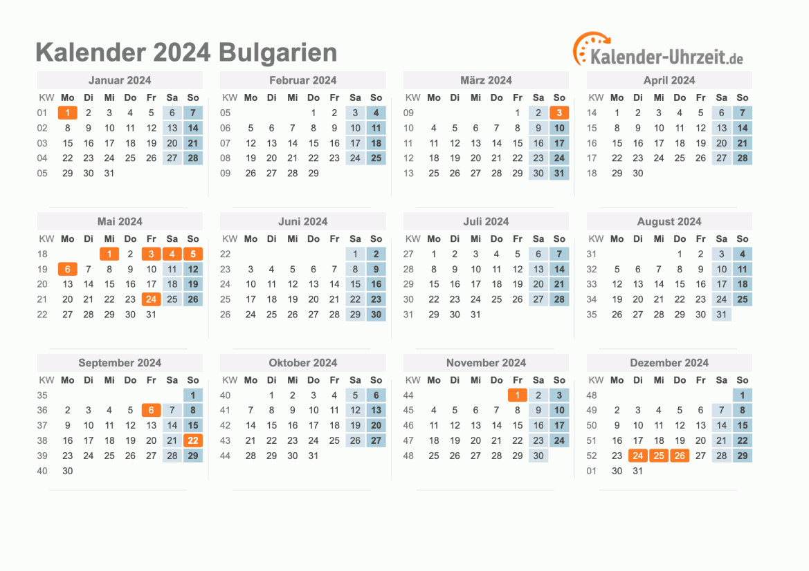 Kalender 2024 Bulgarien mit Feiertagen