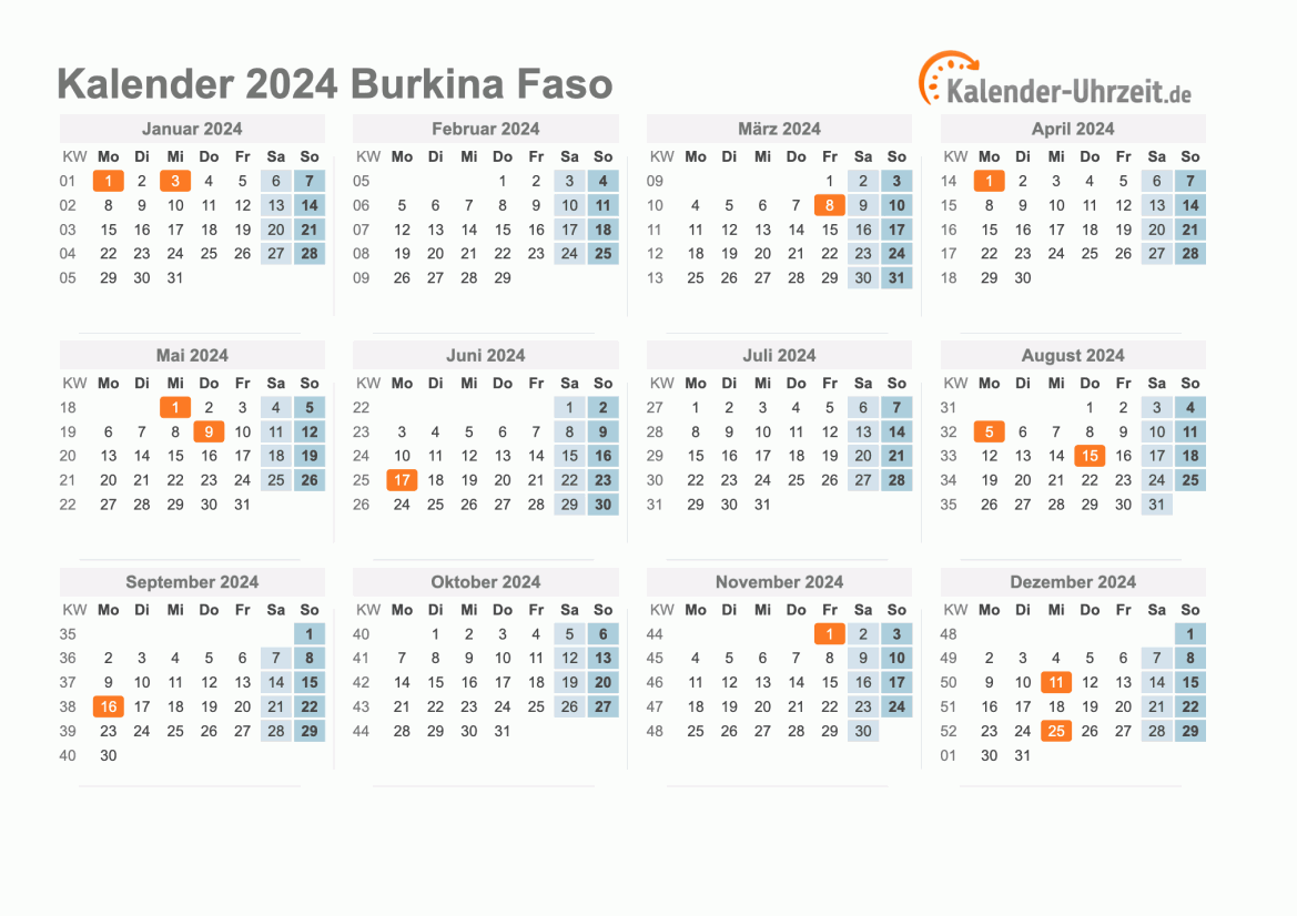 Kalender 2024 Burkina Faso mit Feiertagen zum Ausdrucken Kalender 2024 Burkina Faso mit Feiertagen