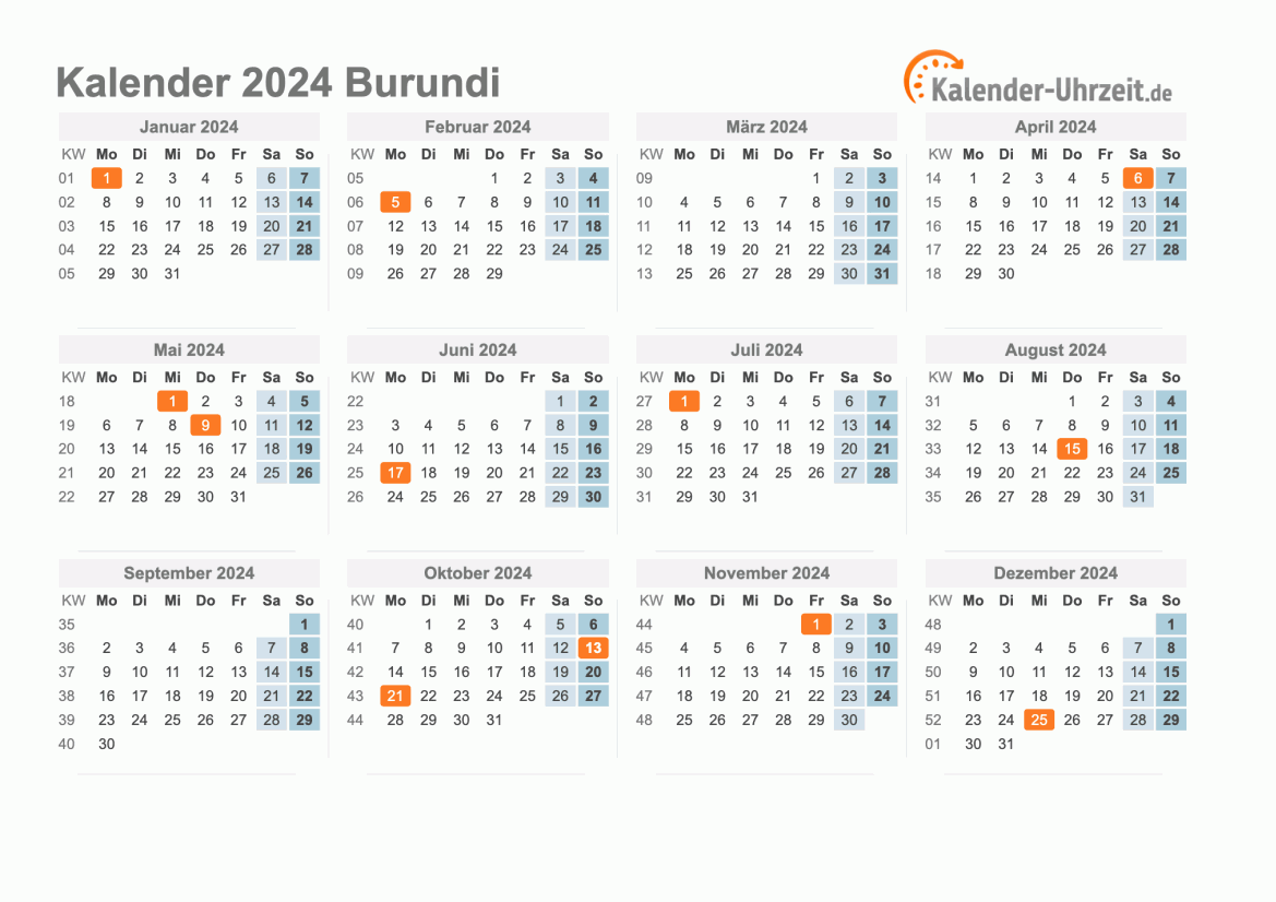 Kalender 2024 Burundi mit Feiertagen