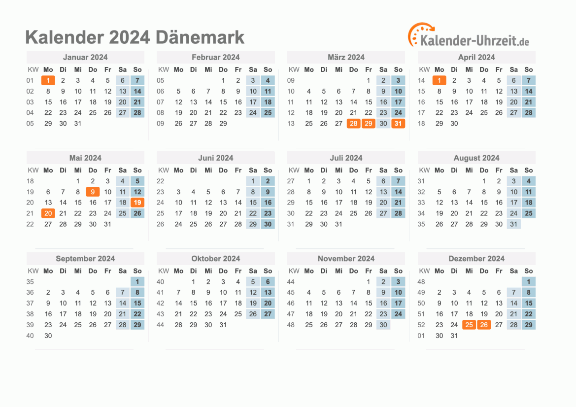 Kalender 2024 Dänemark mit Feiertagen zum Ausdrucken Kalender 2024 Dänemark mit Feiertagen