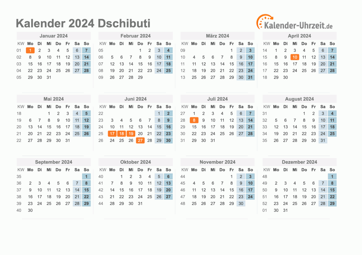 Kalender 2024 Dschibuti mit Feiertagen