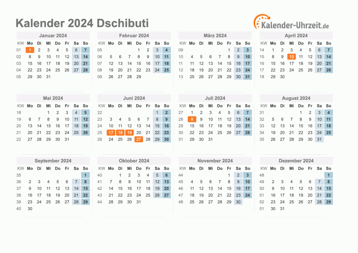 Kalender 2024 Dschibuti mit Feiertagen zum Ausdrucken Kalender 2024 Dschibuti mit Feiertagen
