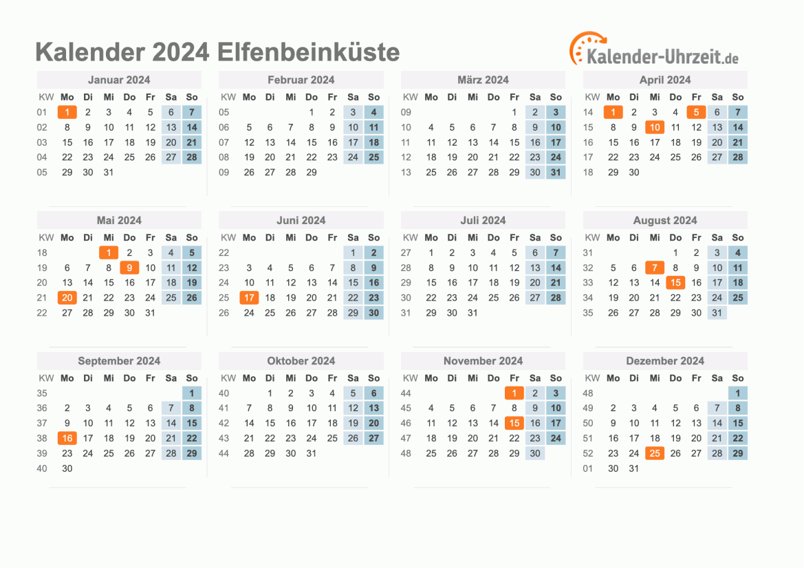 Kalender 2024 Elfenbeinküste mit Feiertagen