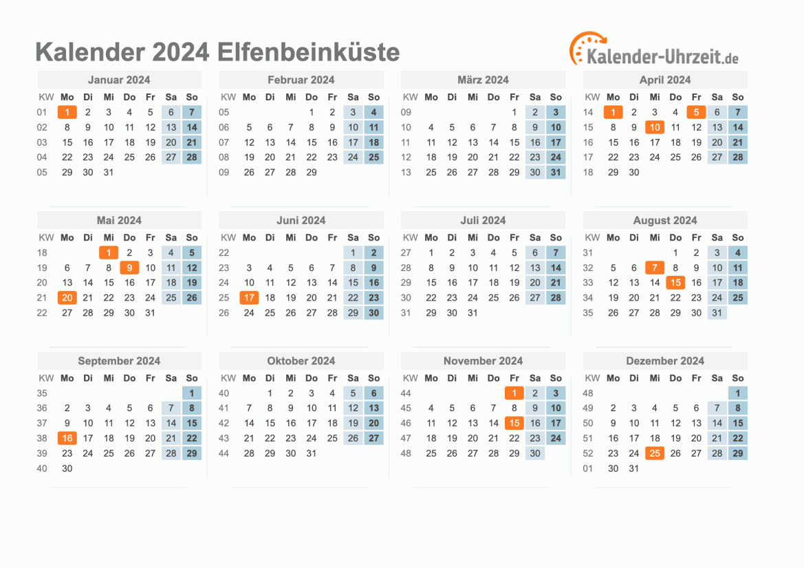 Kalender 2024 Elfenbeinküste mit Feiertagen zum Ausdrucken Kalender 2024 Elfenbeinküste mit Feiertagen