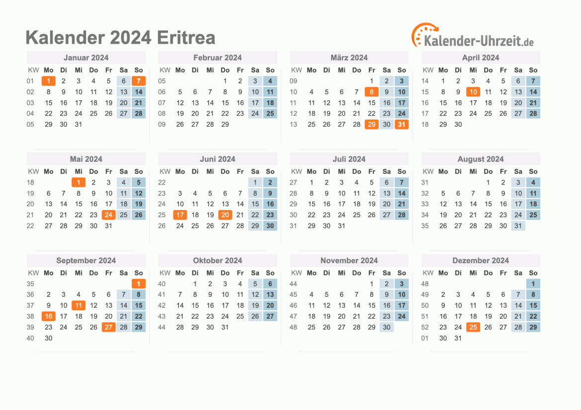 Kalender 2024 Eritrea mit Feiertagen zum Ausdrucken Kalender 2024 Eritrea mit Feiertagen