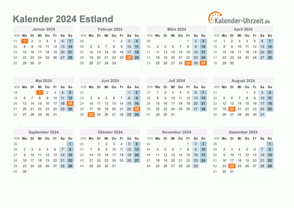 Kalender 2024 Estland mit Feiertagen